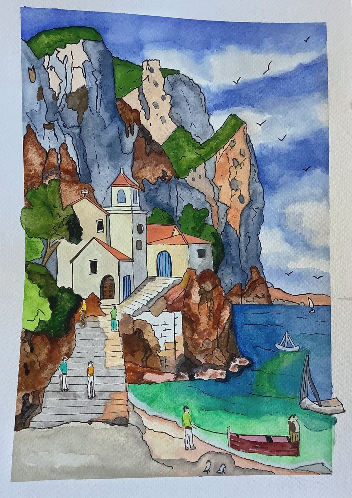 Pintura original Sobre el barranco, Acuarela sobre papel por Inés Hernández