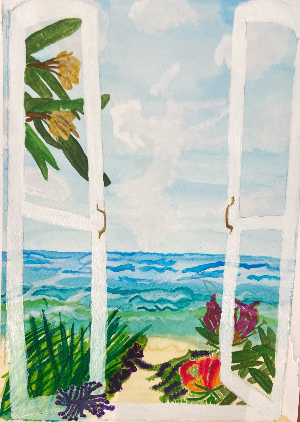 Pintura original La ventana abierta, Acuarela sobre papel por Inés Hernández